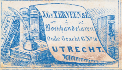 710231 Boeketiketje van J.G. Terveen & Zoon, Boekhandelaren, Oude Gracht G. no. 16 te Utrecht. Met een litho van een ...
